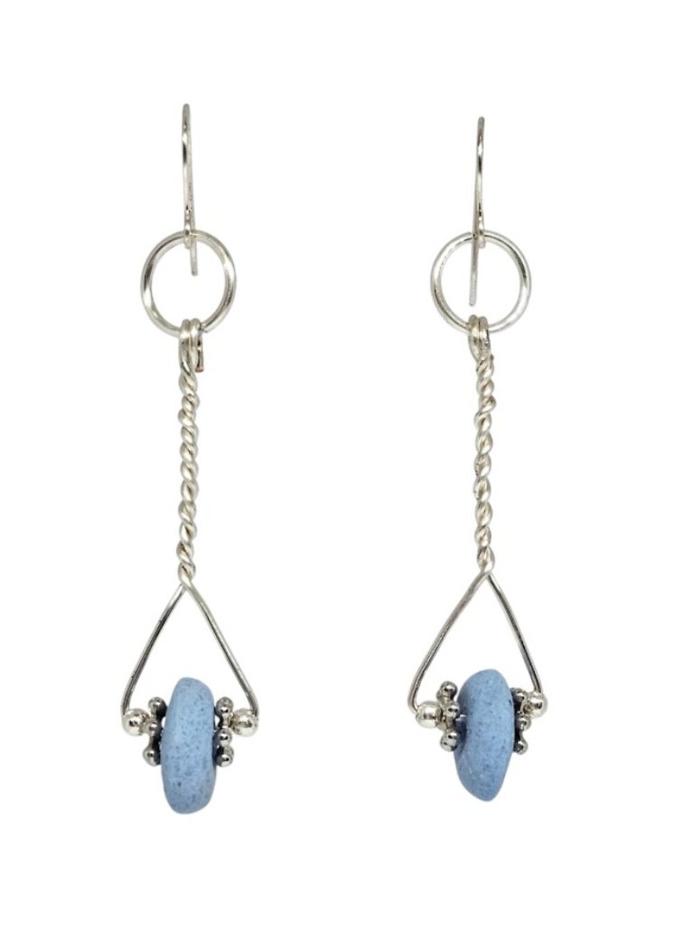 Handmade Blue Ashanti Glass Disc Earrings Silver Geometric Dangle Boho